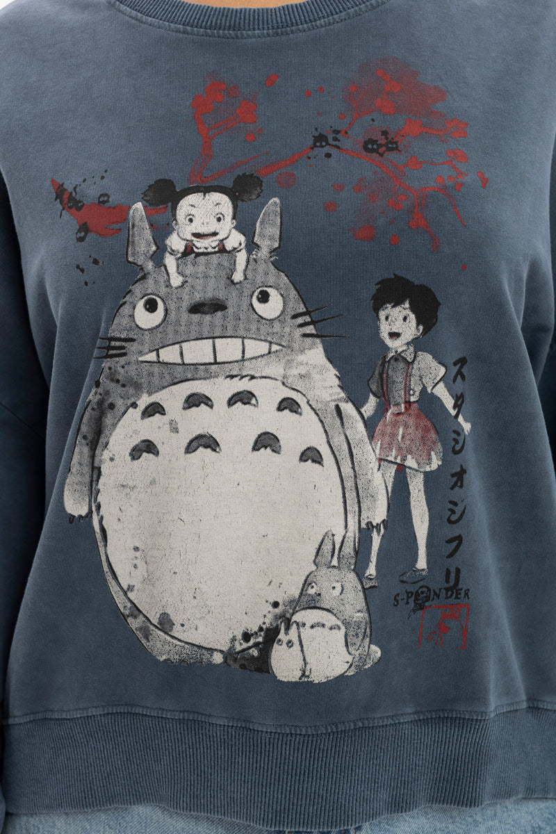 Stone Washed Cotton Dream Totoro Print Women Cropped Sweatshirt – S-Ponder
