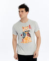 Stone Washed Effect Sword Catana Cat ArtPrinted CottonT-shirt