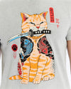 Stone Washed Effect Sword Catana Cat ArtPrinted CottonT-shirt