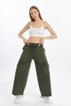 Detailed Straight Flare Leg with pockets Women Stone Washed Cotton Trouse