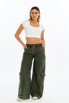 High Waist Flare Legs Women Stone Washed Cotton Trouser