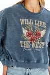Stone Washed WILD LIKE THE WEST FOREVER Printed Women Cropped Sweatshirt