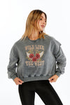 Stone Washed WILD LIKE THE WEST FOREVER Printed Women Cropped Sweatshirt