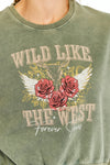 Stone Washed WILD LIKE THE WEST FOREVER Printed Women Cropped Sweatshirt