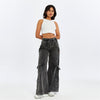 High Waist Flare Legs Women Stone Washed Cotton Trouser