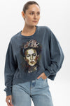 Anthracite Stone Washed Cotton Freida Khlo PrintWomen Cropped Sweatshirt
