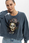 Anthracite Stone Washed Cotton Freida Khlo PrintWomen Cropped Sweatshirt