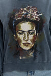 Anthracite Stone Washed Cotton Freida Khlo PrintWomen Cropped Sweatshirt
