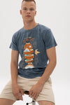 Stone Washed Effect Sushi AnimePrinted Men's T-shirt