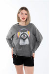 Ballon Cut Zip Front RACCON HEADPHONESPrint Women Sweatshirt