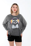 Ballon Cut Zip Front RACCON HEADPHONESPrint Women Sweatshirt