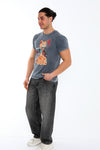 Stone Washed Effect Sword Catana Cat ArtPrinted CottonT-shirt