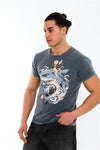 Stone Washed Effect Catana Shark ArtPrinted CottonT-shirt