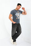 Stone Washed Effect Catana Shark ArtPrinted CottonT-shirt