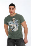Stone Washed Effect Catana Shark ArtPrinted CottonT-shirt