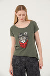 Stone Washed Google Cat Animal Printed Cotton Women Scoop Neck T-shirt