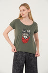 Stone Washed Google Cat Animal Printed Cotton Women Scoop Neck T-shirt