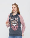 Pink- Anthracite Stone Washed Google Cat Printed Cotton Hoodie