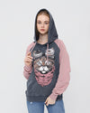 Pink- Anthracite Stone Washed Google Cat Printed Cotton Hoodie