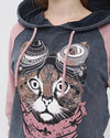 Pink- Anthracite Stone Washed Google Cat Printed Cotton Hoodie