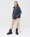 Black Stone Washed Poncho Cut Cotton Women Hoodie
