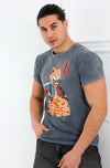 Stone Washed Effect Sword Catana Cat ArtPrinted CottonT-shirt