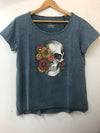 Stone Washed Half Flower SkullPrint Scoop Neck Women's T-Shirt