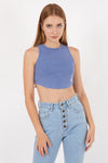 S-Ponder Blue Stone Washed Solid Rib-Knit Cotton Racer Crop Tank Top Vest Woman Sponder