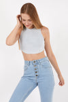Light Grey Stone Washed Solid Rib-Knit Cotton Racer Crop Tank Top