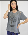 Slashed Cut Tree of LIfe Print Grey Top