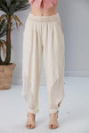 WOMEN ELASTIC WAIST BUTTON DETAIL COTTON TROUSER