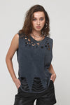 Anthracite Stone Washed Ripped Hem & Neck Women Top Tank